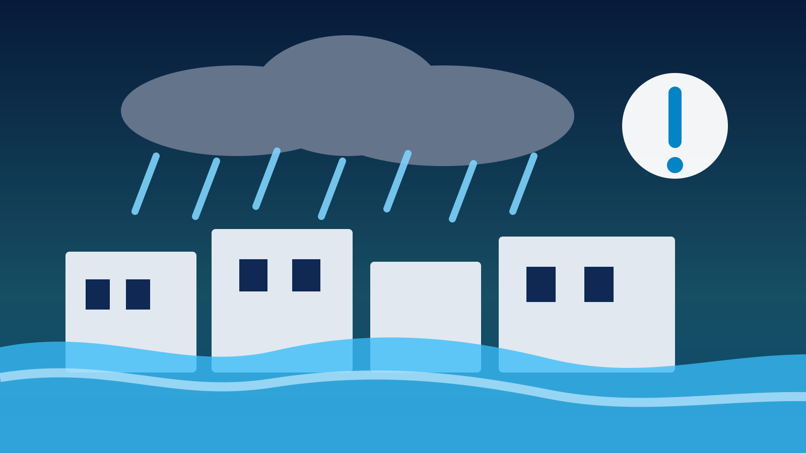 Chuva intensa sobre área urbana com água acumulada e nuvens carregadas