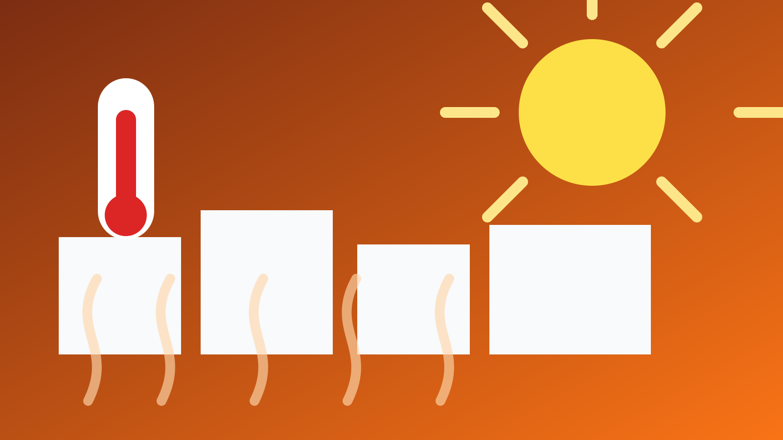Sol intenso sobre cidade com ondas de calor e indicação visual de alta temperatura