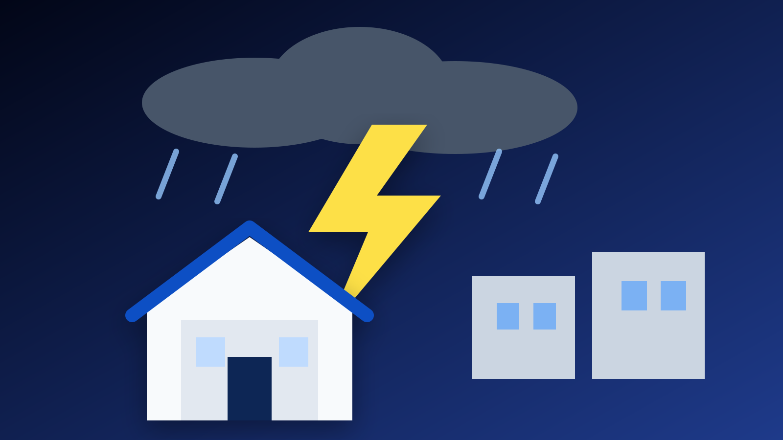 Tempestade com raios sobre uma cidade com abrigo seguro em destaque